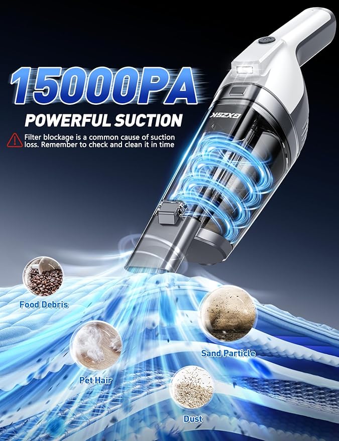 Handheld Vacuum Cordless 15000PA Powerful Suction Hand Held Vacuum Cleaner Car Vacuum Portable Cordless with Large-Capacity Dust Bin &amp LED Light High Power Dust Busters for Home Car Office P