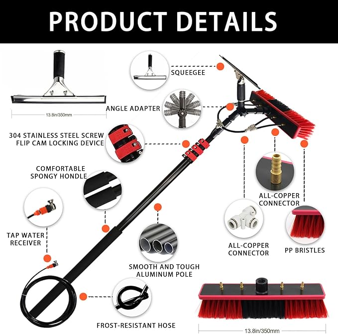Solar Panel Window Cleaner Extendable Outdoor Window Cleaner Cleaning Brush &amp Pole Kit W/Hose Squeegee Water Fed Pole for Glass Solar Panel Pool(Size:18FT)