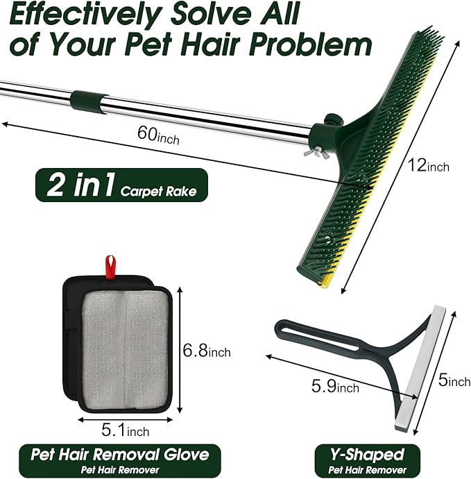 Carpet Rake for Pet Hair Removal 60’’ Dual-Side Pet Hair Removal Tool with Adjustable Handle 3 in 1 Reusable Lint Remover Dog Cat Fur Remover Broom for Rugs Mats Beds Stairs Couch