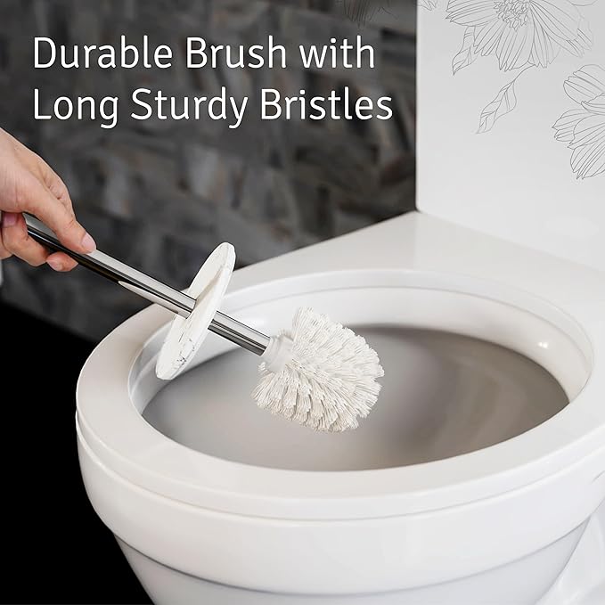 Toilet Brush and Holder Set - Toilet Bowl Brush and Holder with Sturdy Bristles for Thorough Cleaning - Concealed White Bathroom Accessories Toilet Cleaner Brush for Bathroom (Marble Look)