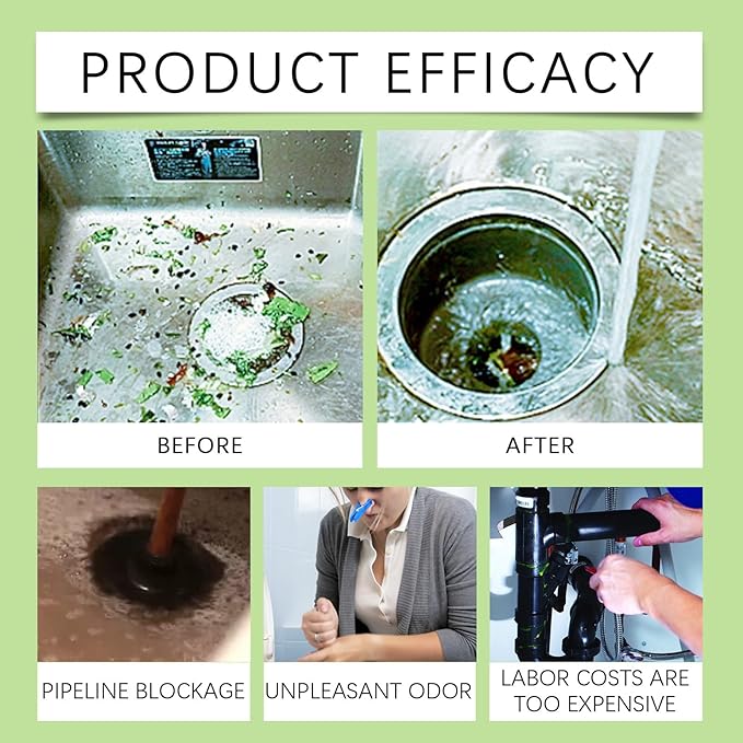 Powerful Drain Cleaner for Kitchen &amp Toilet Pipes - Fast Acting Drain Unblocker Dissolves Blockages &amp Hard Water Deposits(2PCS)