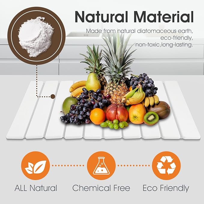 Large Stone Drying Mat for Kitchen Counter - 24x16 Dirt-Resistant Quick Drying Fast Absorbent Non-Slip Diatomite Mat Natural Diatomaceous Earth Dish Drying Pad for Dish Rack (White)