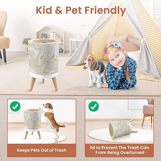 Bathroom Trash Can with Lid White Gold Marble Marbling Texture Design Abstract Oil Painting Style Garbage Bin Waste Basket for Kitchen Office Bedroom Decoration Diaper Pail 1.8 Gallon