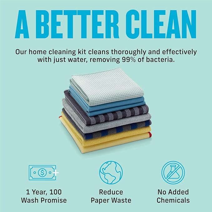E-Cloth Home Cleaning Set Premium Microfiber Cleaning Cloth Household Cleaning Tools &amp Supplies for Dusting Bathroom Kitchen &amp Cars Washable &amp Reusable 100 Wash Guarantee 8 Piece Se