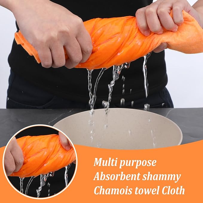10 Pack Shammy Cloths 27 X 20 Inch Extra Large Absorbent Cleaning Towels Reusable Multi Purpose Chamois for Car Drying Home Kitchen Bathroom and Pet Machine Washable and Scratch Free Orange