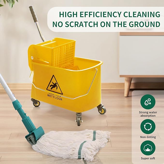 22 Qt (5.5 Gallon) Mop Bucket with Wringer for Floor Cleaning Handle Wheels 16.5 L x 10.6 W x 26.4 H YellowAdd One Loop-end String Mop