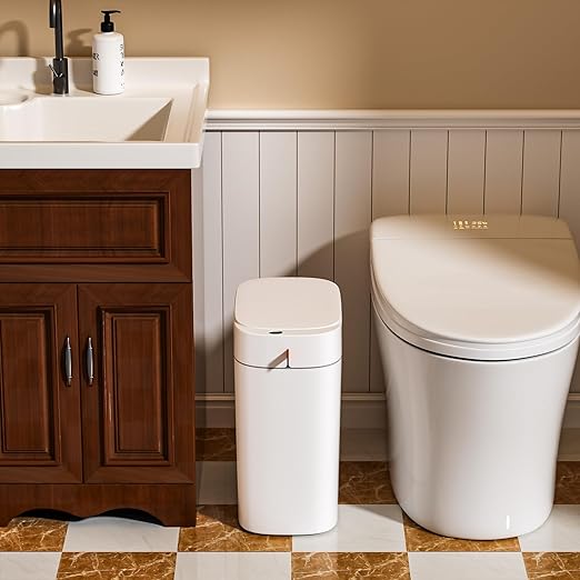 MOPUP Bathroom Trash Can Automatic Bagging Garbage Can 3.5 Gallon Slim Smart Small Plastic Trash Bin Narrow Motion Sensor Trash Can for Bedroom Office White