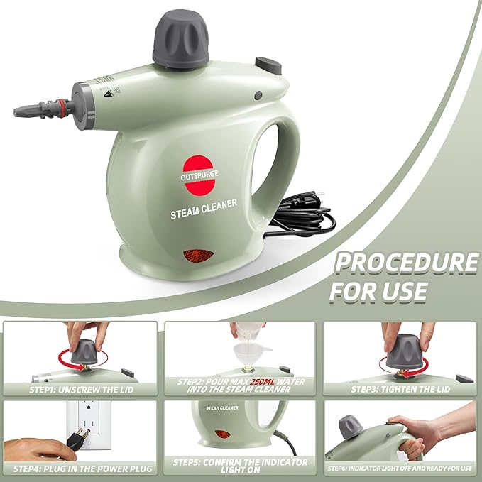 Handheld Steam Cleaner Pressurized Multi-Surface Steam Shot with 13 Accessories Safety Lock Steamer for Cleaning Floor Upholstery Grout Windows Couch and Car Green