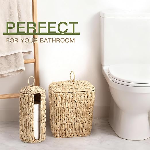 Wicker Waste Basket and Toilet Paper Holder 2.5 Gal Handwoven Water Hyacinth Trash Can with Lid Garbage Bin Toilet Paper Storage Woven Rustic Decorative for Bedroom Bathroom Office Living Room