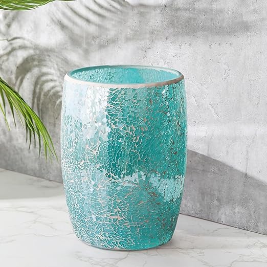 Escenzy Modern Bathroom Trash Can Mosaic Glass 5L | 7 x 10 | Decorative Small Garbage Can | Luxury Waste Basket for Restroom Office Bedroom &amp Kitchen | Shiny Turquoise Green Bathroom Accessori