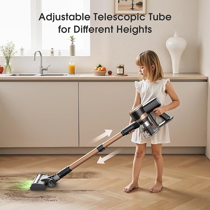 Cordless Vacuum Cleaner 30Kpa Stick Vacuum with Anti-Tangle Brush and Green Headlight Self-Standing Up to 45Mins Runtime Wireless Vacuum Cleaner for Pet Hair Carpet Hard Floor Home