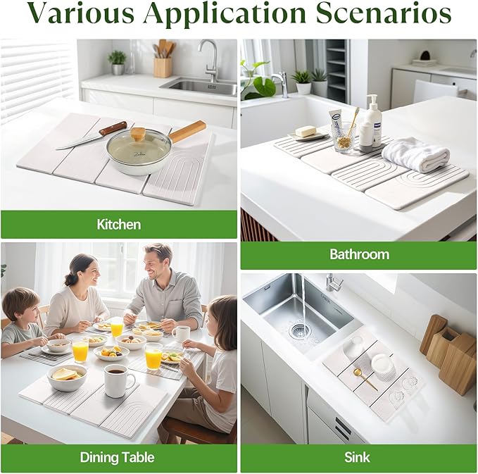 Large Stone Dish Drying Mat for Kitchen Counter Quick Dry Stone Dishes Mats 23.6(L)×15.4(W) Water Absorbing Diatomaceous Earth Drying Pad for Countertop Bottles Utensils Cups White