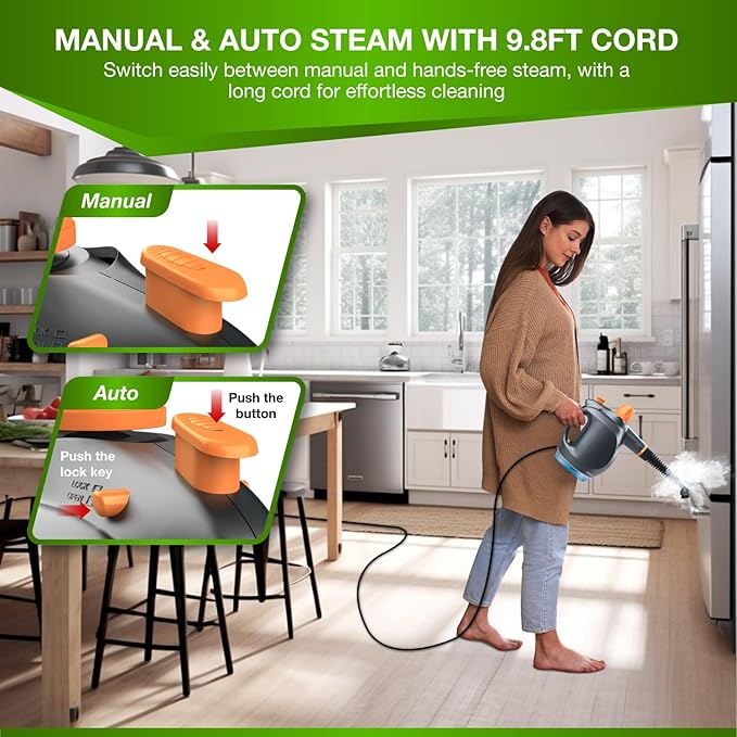 Handheld Steam Cleaner with Detergent Container – 1250W High-Pressure Multipurpose Steamer – Continuous Steam Lock Large Tank Safety Lock – for Home Kitchen Bathroom Car Cleaning
