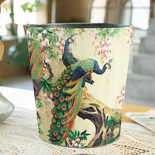 10L/2.64 Gallon Trash Can Decorative Waste Basket PU Leather Waste Paper Basket Waterproof Garbage Can for Bathroom Bedroom Office Kitchen and Living Room - Peacock-4