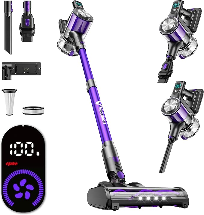 Cordless Vacuum Cleaner 8-in-1 Cordless Stick Vacuum Cleaner with 3 Suction Modes Up to 45mins Runtime Rechargeable Self-Standing Vacuum Cleaners for Home Pet Hair Carpet Car Hard Floor Purple