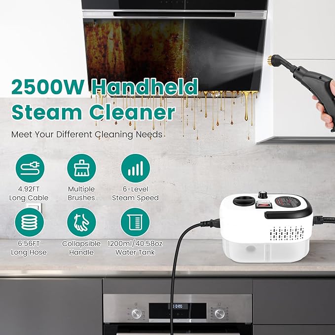 2500W Handheld Steam Cleaner Portable Little Steamer Multifunctional High Temp Steam Clean Machine Powerful Cleaning Tool for Car Furniture Floor Tile Microwave Mattress Bed