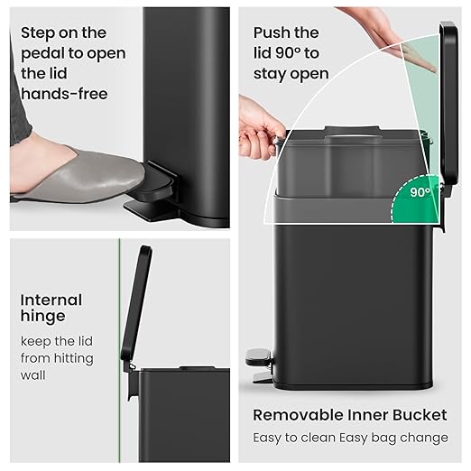 Cesun Bathroom Trash Can with Lid 2.6 Gallon Small Black Bathroom Garbage Can Soft Close Stainless Steel Waste Basket with Step Pedal for Bedroom Laundry Room Living Room Home Office Toilet RV