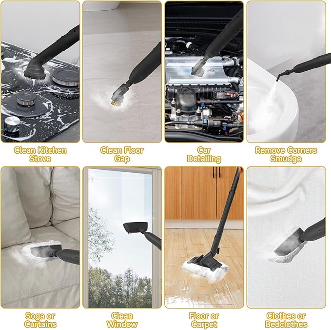 Steam CleanerMultipurpose Neat Canister Steamer with 27 Accessories 5 Mins Heating with 1.5L TankRolling Cleaning Machine for Carpet FloorsWindowsMirrorsGlass and Cars (White3)