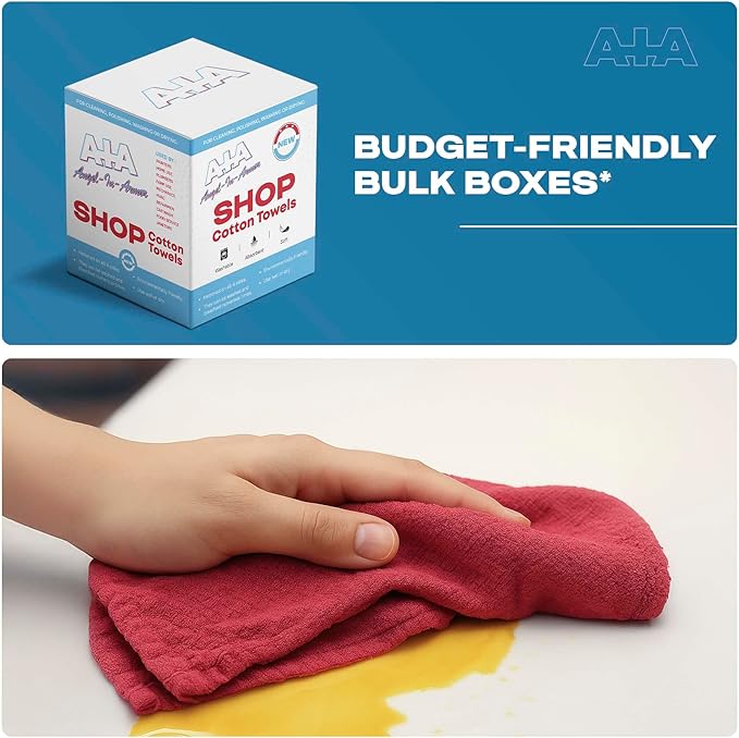 Angel-in-Armor Red Shop Towels (14”x14”) – 500 Unit Box of Lint-Free Cotton Shop Towel Cleaning Rags – Durable Shop Rags for Auto Garage Industrial and Commercial Use