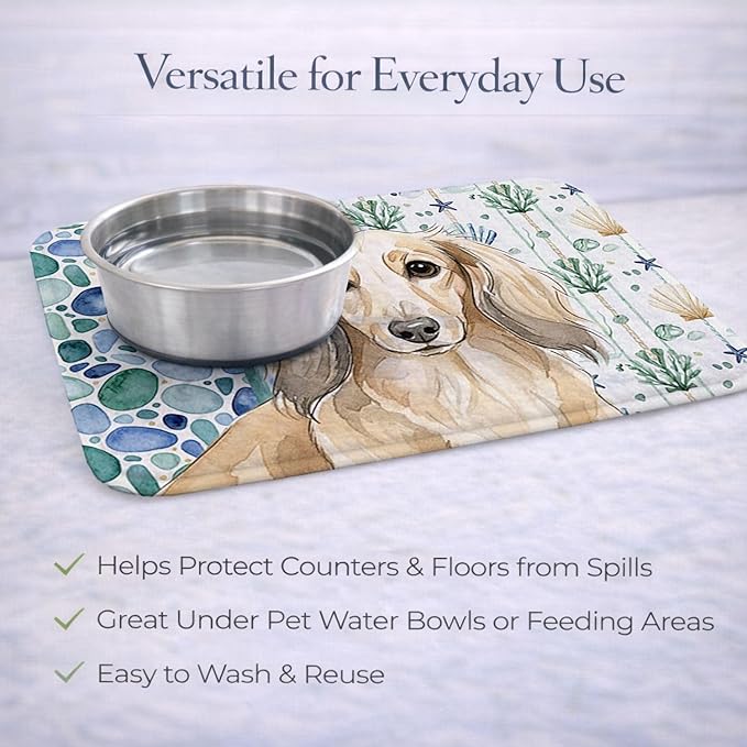 Caroline's Treasures Longhaired Cream Dachshund Coastal Sea Glass Dish Drying Mat Absorbent Dish Drying Mat Pad for Kitchen Counter Dish Drainer Mat for Countertop 14 x 21 Multicolor