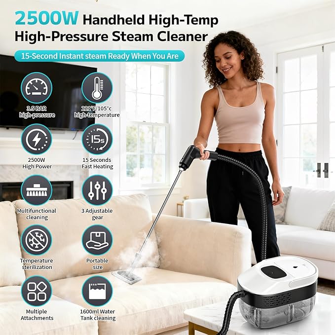 Pressurized Steam Cleaner 54oz Large Tank Portable Steamer for Cleaning with 15-Piece Kit 15s Fast Heat-Up 3-Level Control Handheld Steam Cleaner for Home Car Kitchen Tile Grout(White)