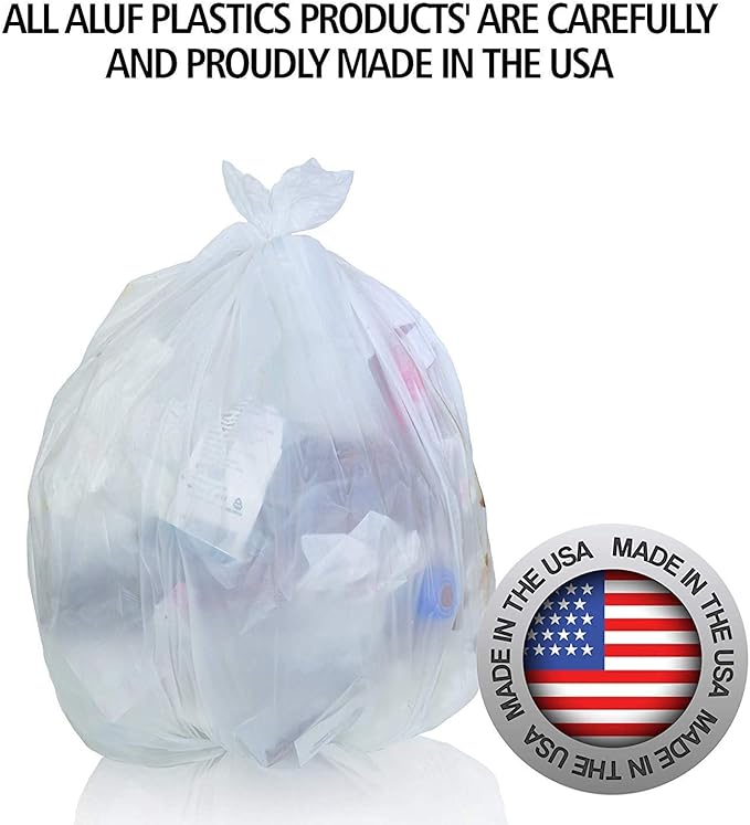 Aluf Plastics 56 Gallon Clear Trash Bags (200 Count) - 43 x 48 - PCM SERIES PREMIUM High Density 16 Micron Equivalent Garbage Bags for Bathroom Office Industrial Commercial Janitorial