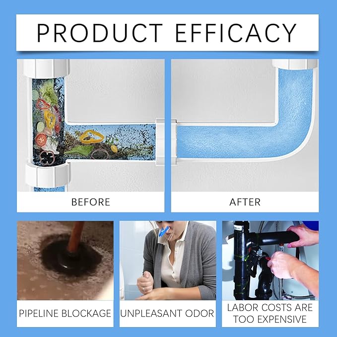 Drain Unclogging Powder - Fast Acting Pipe Cleaner Dissolves Blockages Removes Odors &amp Scales for All Drain Pipes(2PCS)
