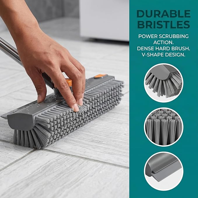 3 in 1 Floor Scrub Brush with Telescopic Handle Stiff Bristle &amp Silicone Scraper Shower Scrubber 360° Rotating Scrub Brush for Tile Bathroom Patio Kitchen Wall Deck Tub Cleaning