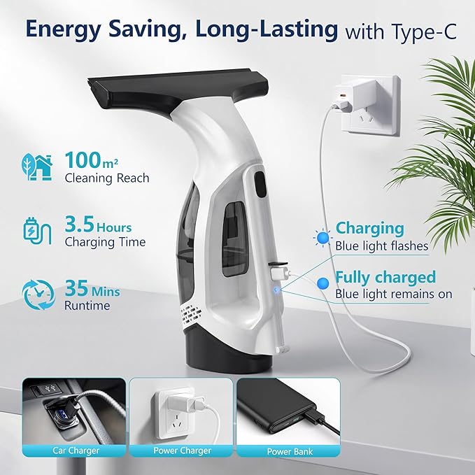 Aixiqee Window Vacuum Squeegee with Extendable Pole 31-40 2000Pa Electric Window Cleaning Tool with 2200mAh and 150ml Dirty Water Tank Long Handle Squeegee for Shower Glass Window Cleaning (White)