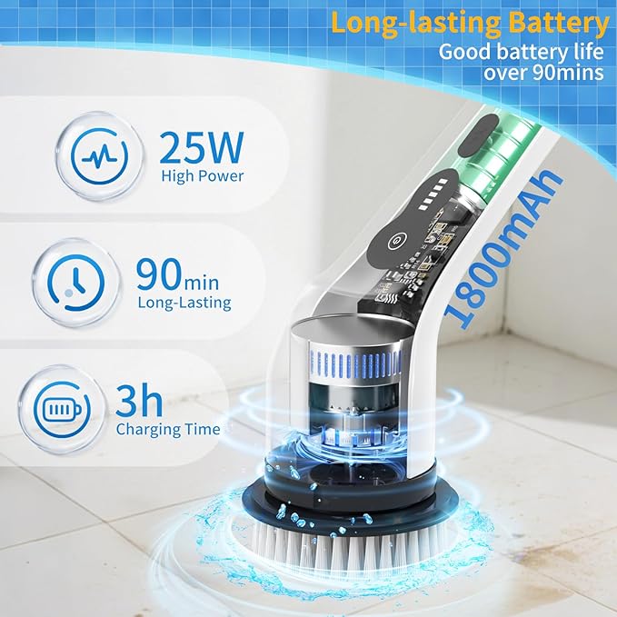 Electric Spin Scrubber Ultimate Household Cleaning Brush with 90Min Runtime &amp 8 Heads &amp 2 Modes- 52in Electric Shower Scrubber Deep Clean for Bathroom Grout Oven Shower Tile &amp Car IPX