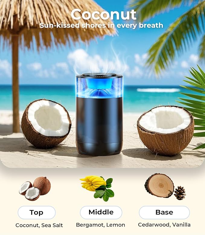 Smart Car Air Fresheners Ambient Light &amp Mist Fragrance Auto On/Off Car Air Freshener Diffuser Adjustable Intensity Lasts 6 Months Built-in Battery Premium Scents Refill X2 - Coconut