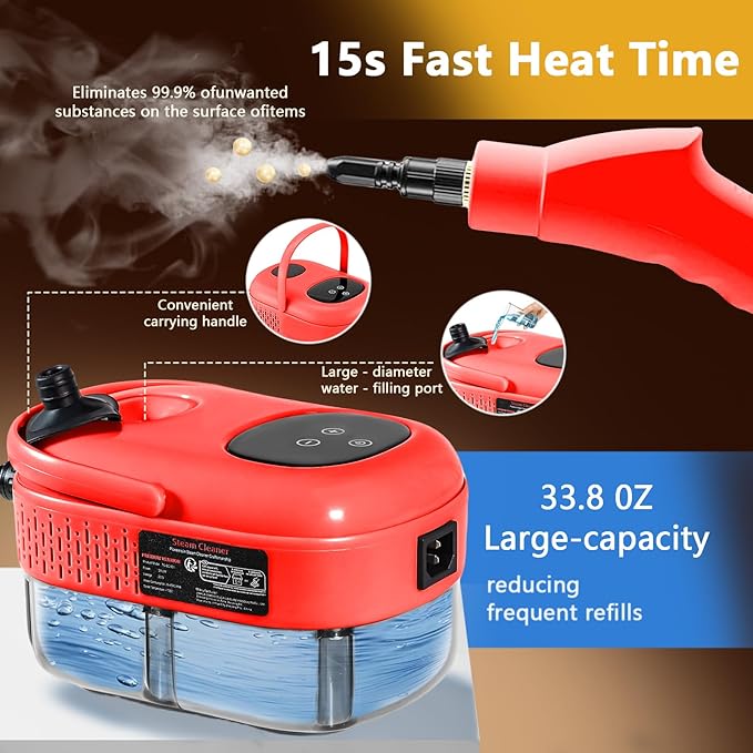 Handheld Steam Cleaner 1000ml Water Tank 15S Heat-up Time Multipurpose Steamer for Home Use Pressurized Steamer for Cleaning Floor Upholstery Grout and Car Red