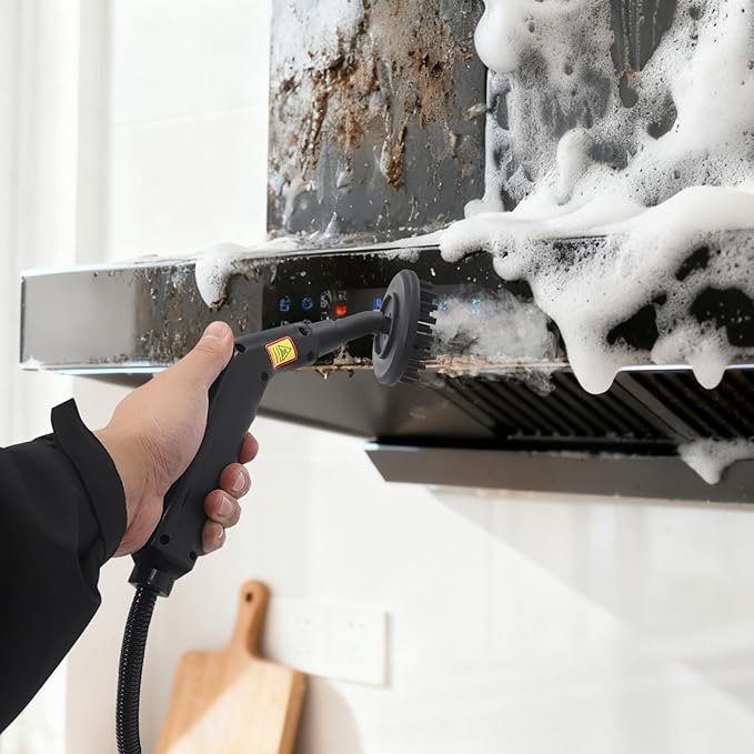 1500W Handheld Steam Cleaner with 0.32Gal Tank &amp 6.56ft Extended Pipe &amp 4 Brushes &amp 3 Setting 13s Heat-Up Portable Steam Cleaner for Cleaning Tile Floor Car Home Use (Black)