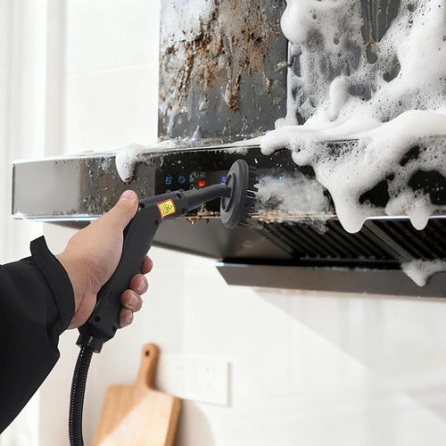 1500W Handheld Steam Cleaner with 0.32Gal Tank &amp 6.56ft Extended Pipe &amp 4 Brushes &amp 3 Setting 13s Heat-Up Portable Steam Cleaner for Cleaning Tile Floor Car Home Use (Black)