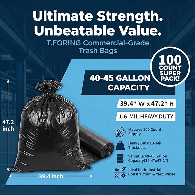 Large 40-45 Gallon Trash Bags Heavy Duty - 1.6 Mil Thick39''x47'' Strong Black Garbage Bags Unscented 100 Count Trash Can Liners for Construction Industrial Yard Outdoor Commercial