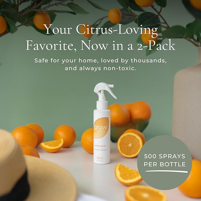 Grow Fragrance 100% Plant-Based Air Freshener Spray | Freshen Fabric &amp Rooms | Golden Grove Scent - Citrus Fruits Watery Green Notes | Made with Natural Essential Oils - 2 Pack 5 oz each