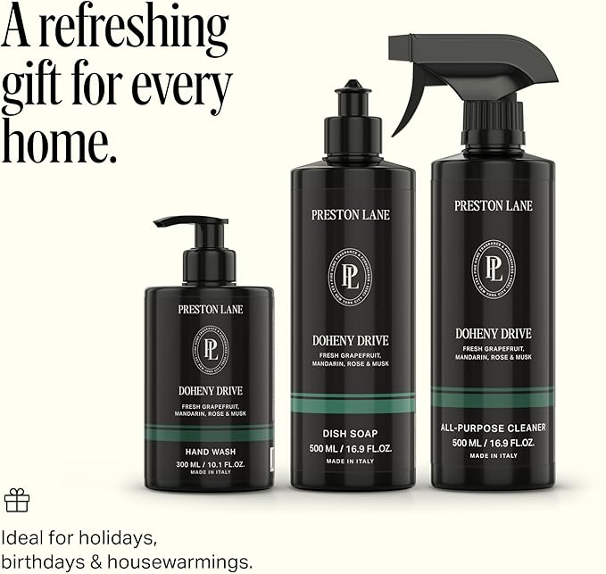 Preston Lane Luxury Kitchen Set – Hand Wash Dish Soap &amp All-Purpose Cleaner | Plant-Powered Cleaning Essentials Bundle with Fine Italian Fragrance Doheny Drive Scent