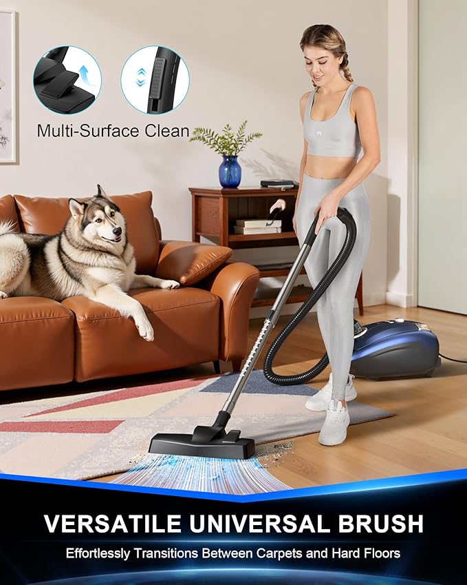 Bagged Canister Vacuum Cleaner1400W Powerful High-Suction Bagged Canister Vac with 3.7QT Dust BagsPop-N-Go BrushHEPA FilterDual Motors&amp4 Cleaning ToolsPerfect for Low-Pile Carpets&ampHard Fl