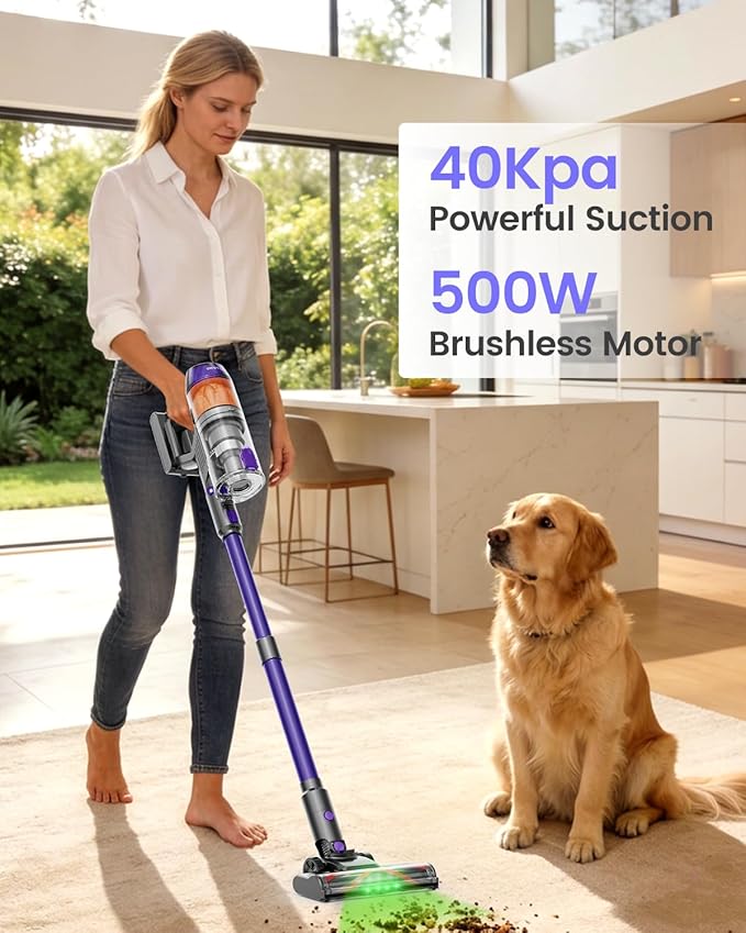 Cordless Vacuum Cleaner500W 40KPa 120Mins Runtime with 2 BatteriesAnti-Tangle Stick Vacuum with Green LightRechargeable Wireless Vacuum for Pet Hair/Carpet/Hardwood FloorPurple