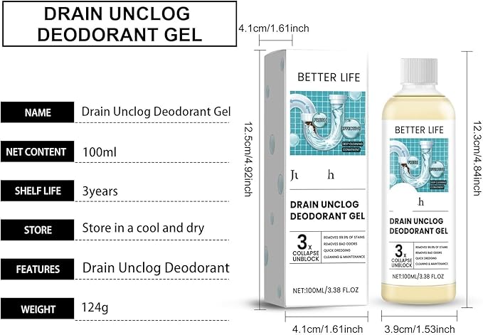 Drain Unclogging &amp Deodorizing Gel for Kitchen and Bathroom - Removes Hard Water Deposits Cleans and Deodorizes Pipes(3PCS)