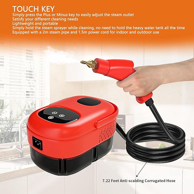 2500W Handheld Steam Machine with Touch Screen High Pressure High Temp Cleaner for Home Kitchen Bathroom Car 15s Heat Up 6 Adjustable Levels Lightweight Design(Red)