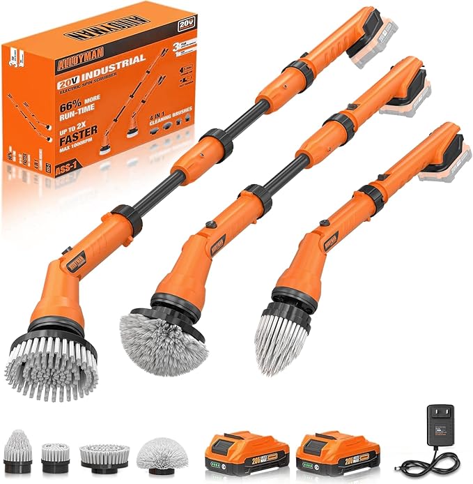 2 Battery Electric Spin Scrubber 1000RPM Cordless Cleaning Brush Waterproof with 20V Power Supplied Adjustable Extension Handle 4 Replaceable Cleaning Heads Hook Gloves - for Tub/Tile/Wall/Floor