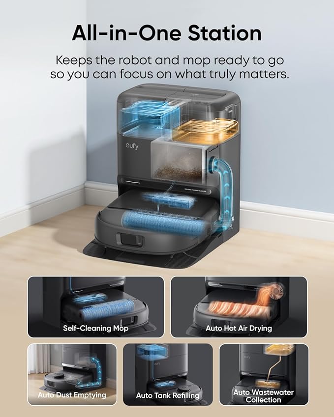 eufy C28 Robot Vacuum and Mop for Pet Hair 15000 Pa Suction HydroJet™ Self-Cleaning Roller Mop DuoSpiral Anti-Tangle Brush All-in-One Auto-Empty Station AI Obstacle Avoidance