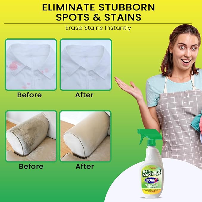 ZORBX See Nothing Spot &amp Stain Remover Spray (24 oz.) - All Purpose Cleaner for Shoes Clothes Furniture &amp Pet bedding - Fast-Acting Scrub-Free Odor &amp Enzyme Stain Remover for Ink Blood