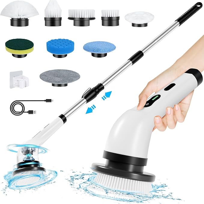 Electric Spin Scrubber Cordless Electric Scrubber for Cleaning Bathroom with Long Handle Electric Shower Scrubber Power Cleaning Brush with 9 Brush Heads for Bathtub Tile Floor Car