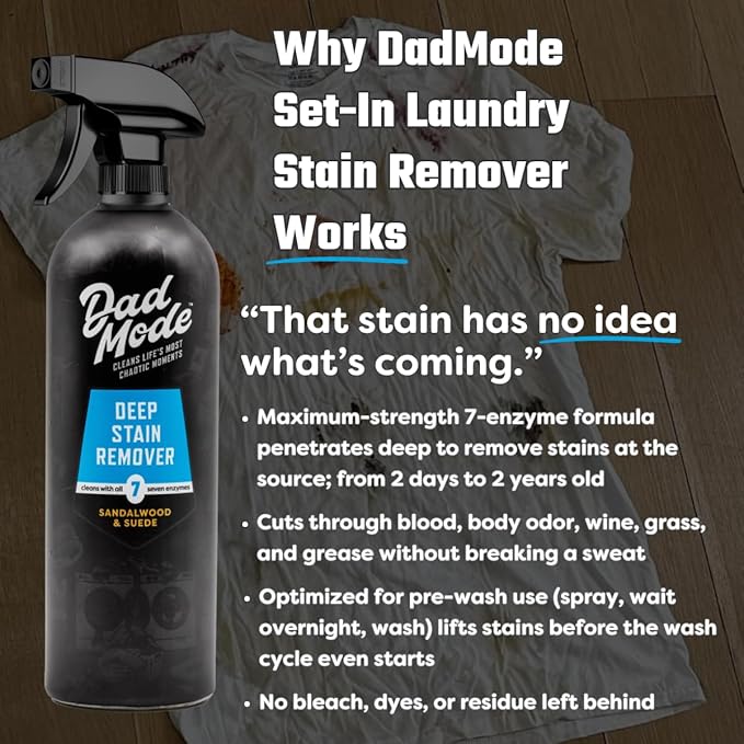 DadMode Laundry Stain Remover | 1000 Stain Treatments | 7-Enzyme Deep Cleaner &amp Odor Eliminator | 3-Pack Refill | Tough on Human Food &amp Pet Stains | Sandalwood &amp Suede