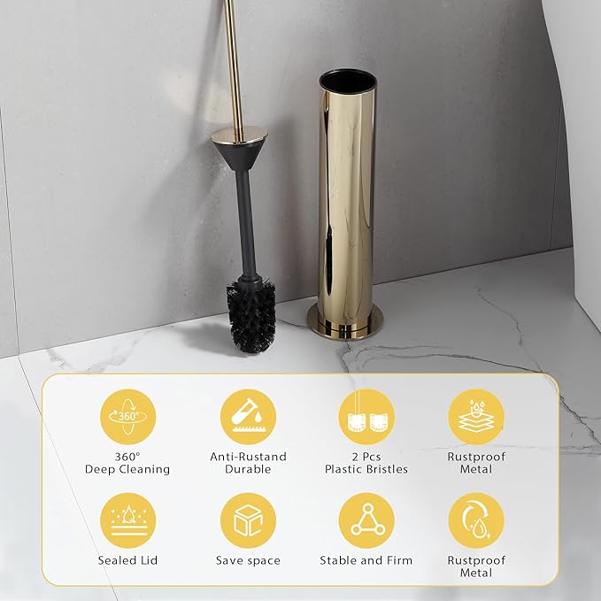 BGL Toilet Brush and Holder Set Heavy Duty 304 Stainless Steel Round Base and Long Handle for Bathroom Deep Cleaning Drip-Proof Space Saving for Storag Polished Gold