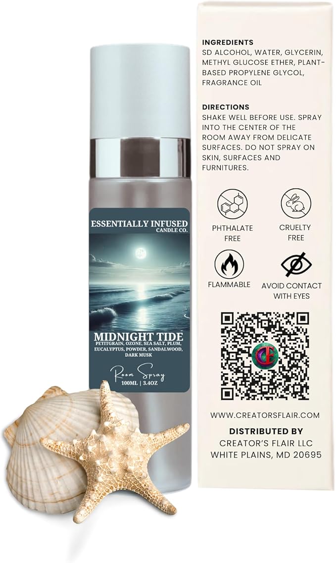 ESSENTIALLY INFUSED Premium Room Sprays (1 x 3.4 fl oz) - Luxurious Home Fragrance | Aromatherapy Long-lasting (Midnight Tide)