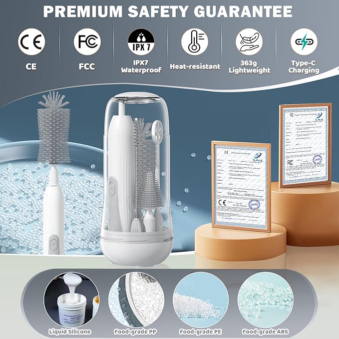 IvyWind Electric Travel Baby Bottle Brush Set with Storage Box Automatic Bottle Cleaner Brush Kit with Silicone Bottle/Nipple/Straw Brush Milk Frother Electric and Drainage Rack Rechargeable Gray