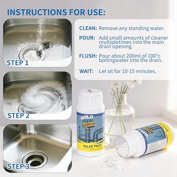 Wild Tornado Sink and Drain Cleaner Wild Tornado Pipe Dredge Powerful Sink and Drain Cleaner Powder Fast Foaming for Kitchen Toilet Pipeline Quick Cleaning Tool (4PC)